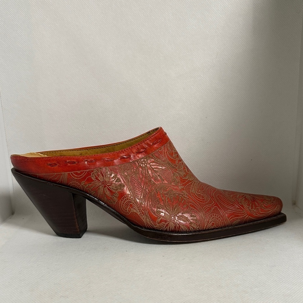 Charlie 1 Horse Red Embossed Leather Western Mules Size 6 B / 36.5 EU - EUC - Picture 12 of 14